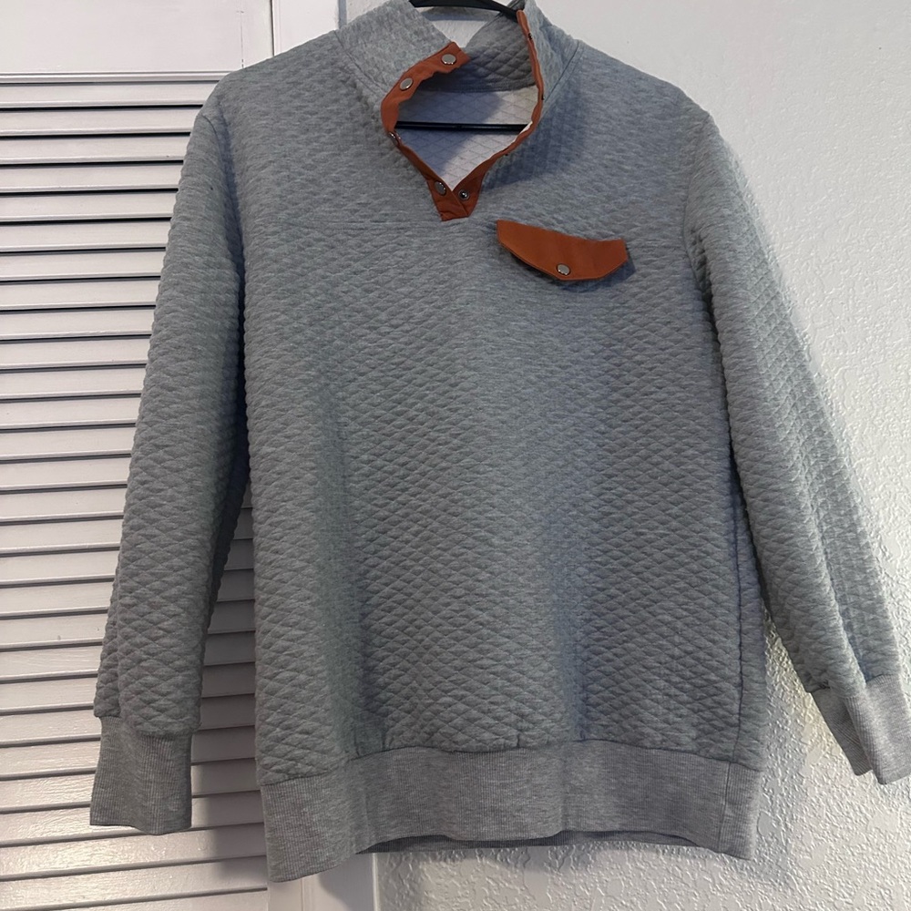 Gray Quilted Crewneck Sweater with Tan Details
